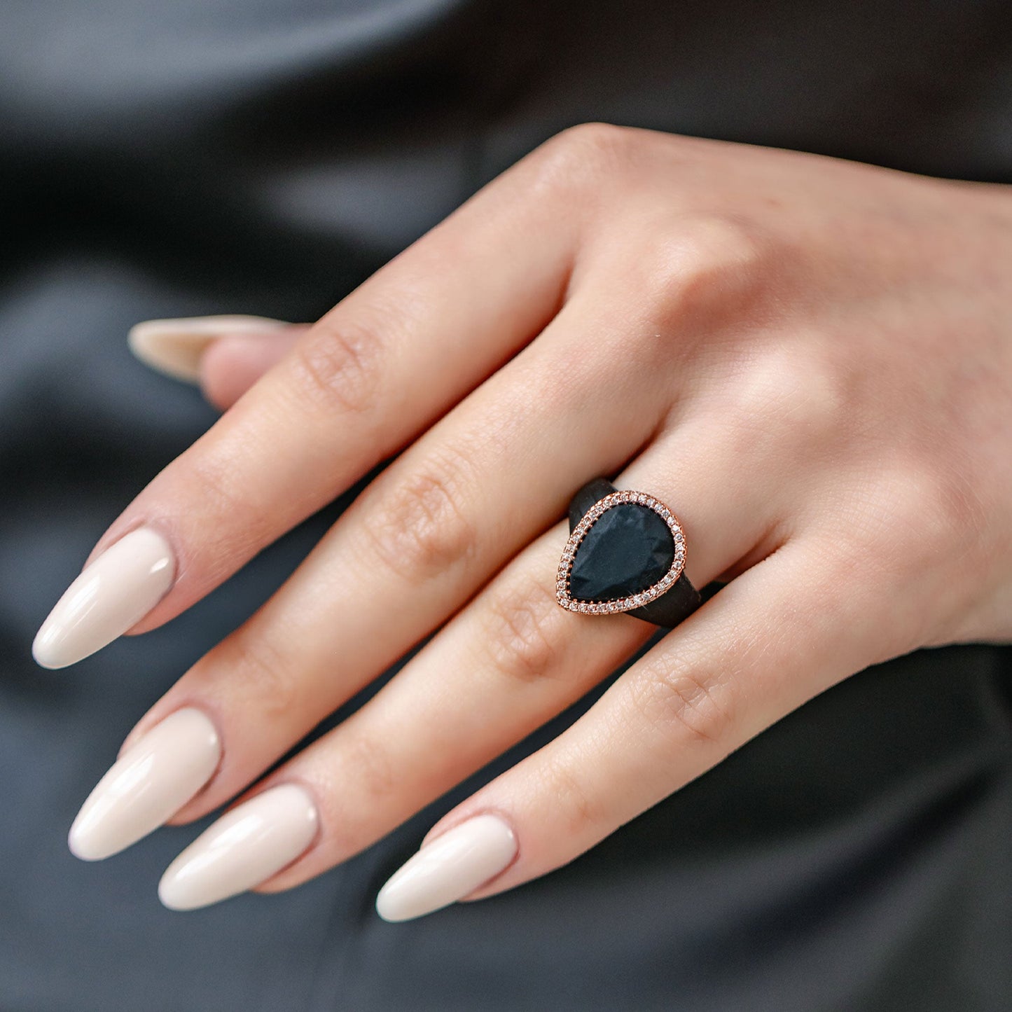 Oversize Pear Silicone Ring with Metal Frame & Stones by