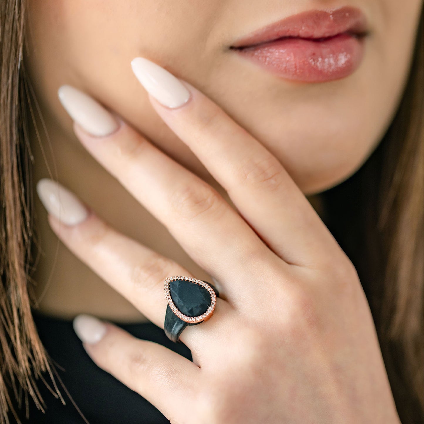Oversize Pear Silicone Ring with Metal Frame & Stones by