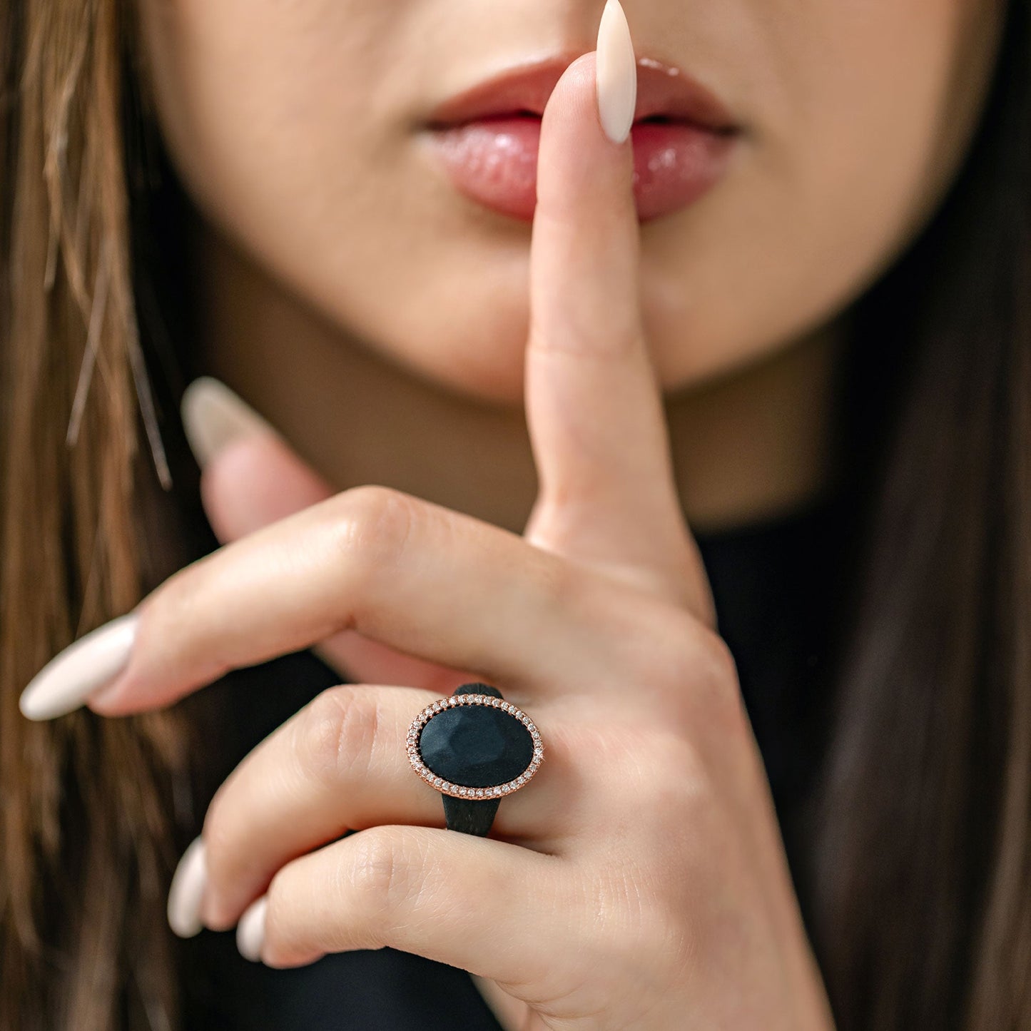 Oversize Oval Silicone Ring with Metal Frame & Stones by