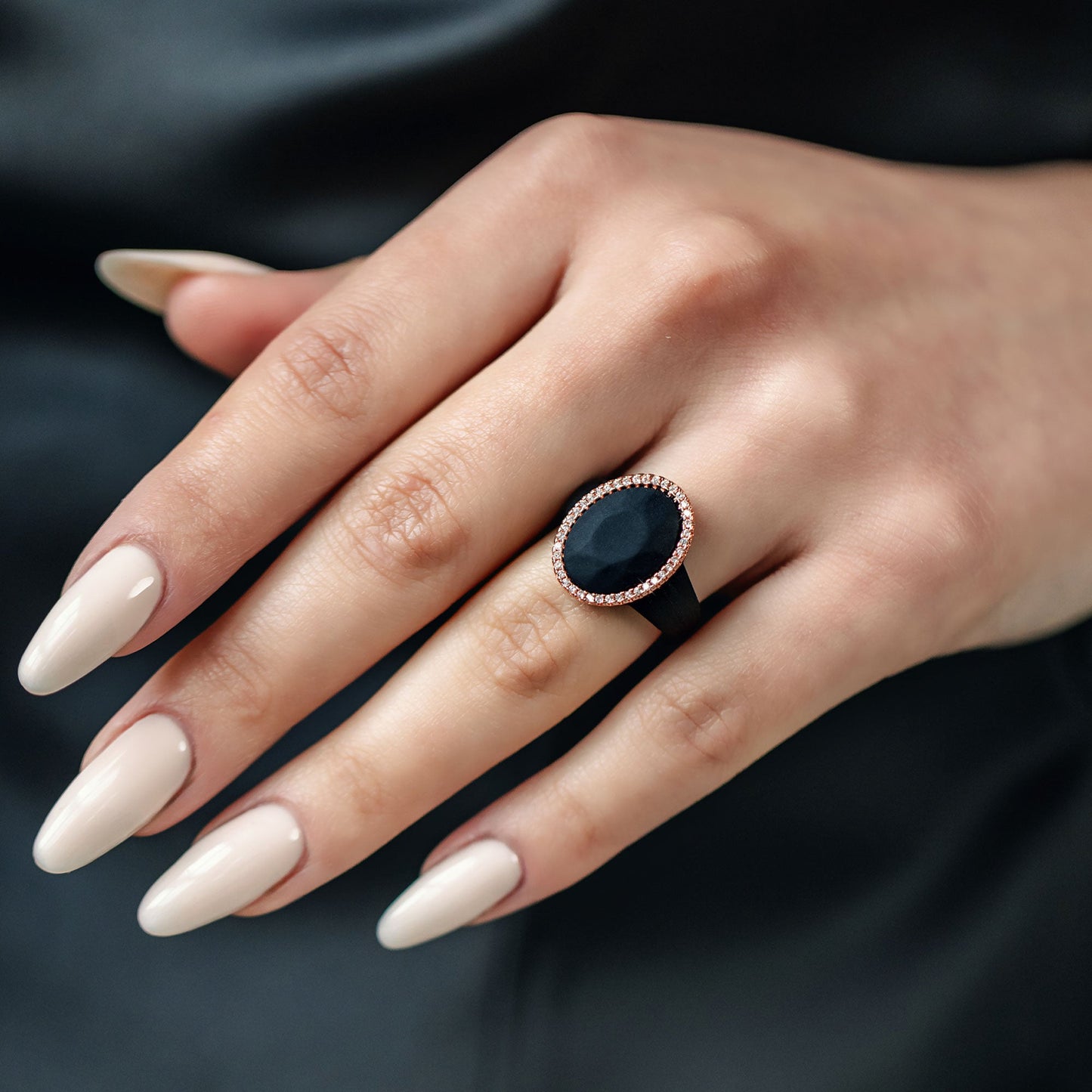 Oversize Oval Silicone Ring with Metal Frame & Stones by