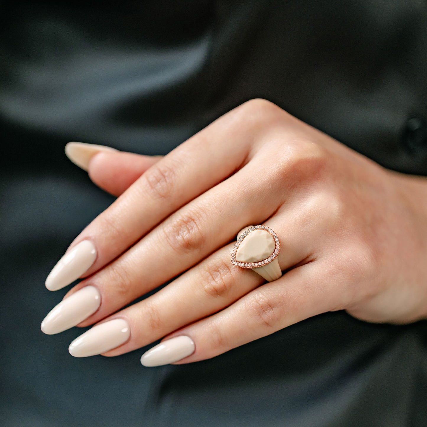Oversize Pear Silicone Ring with Metal Frame & Stones by