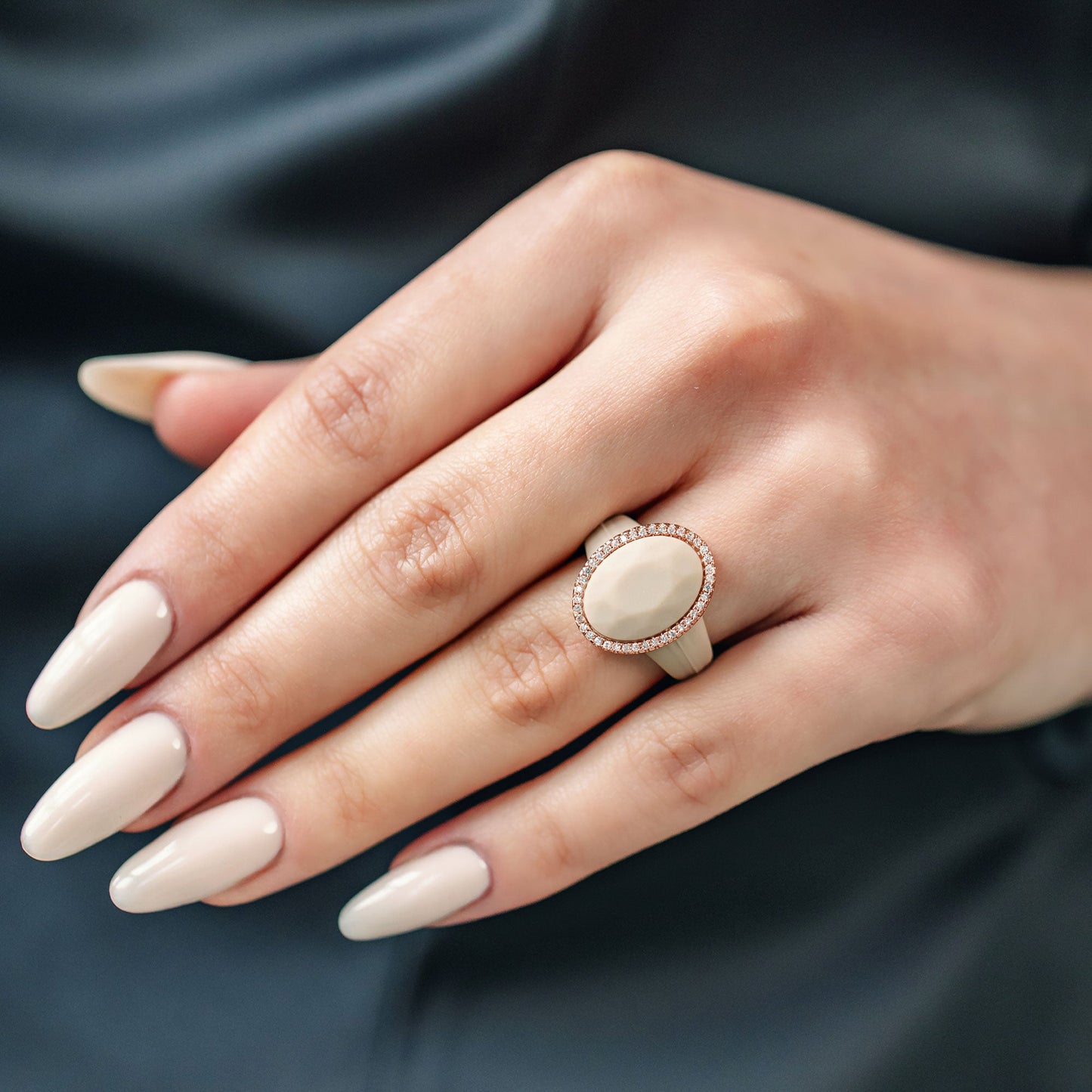 Oversize Oval Silicone Ring with Metal Frame & Stones by
