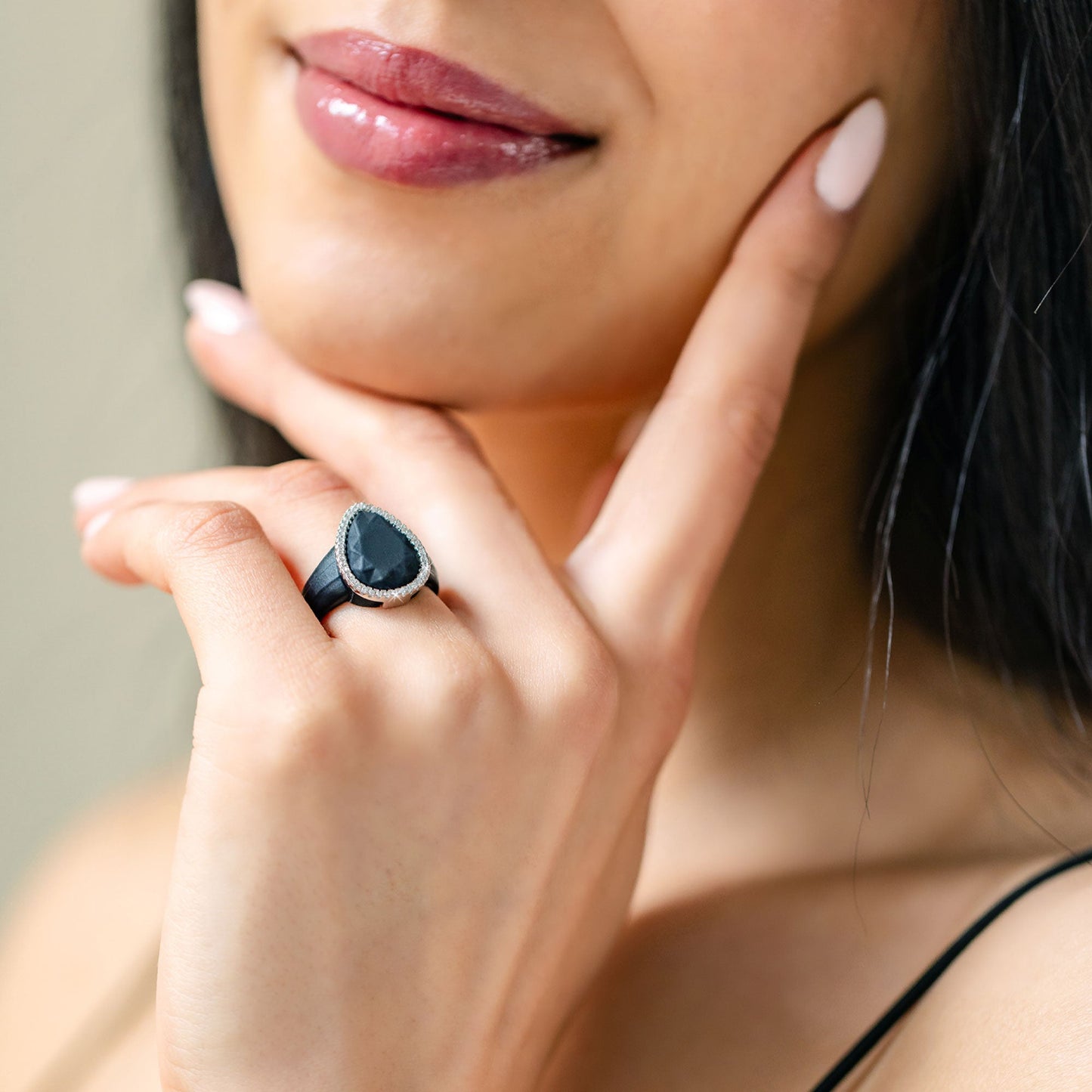 Oversize Pear Silicone Ring with Metal Frame & Stones by