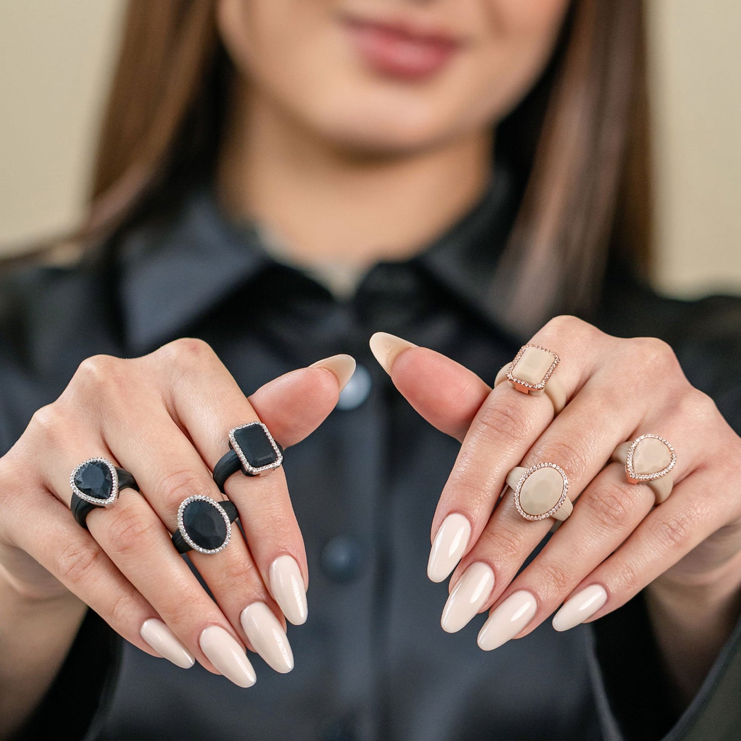 Oversize Oval Silicone Ring with Metal Frame & Stones by