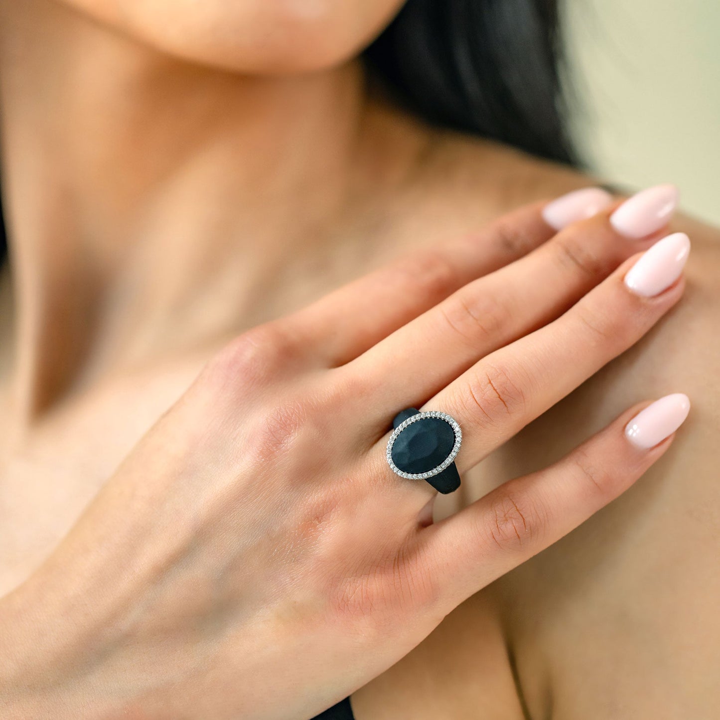 Oversize Oval Silicone Ring with Metal Frame & Stones by
